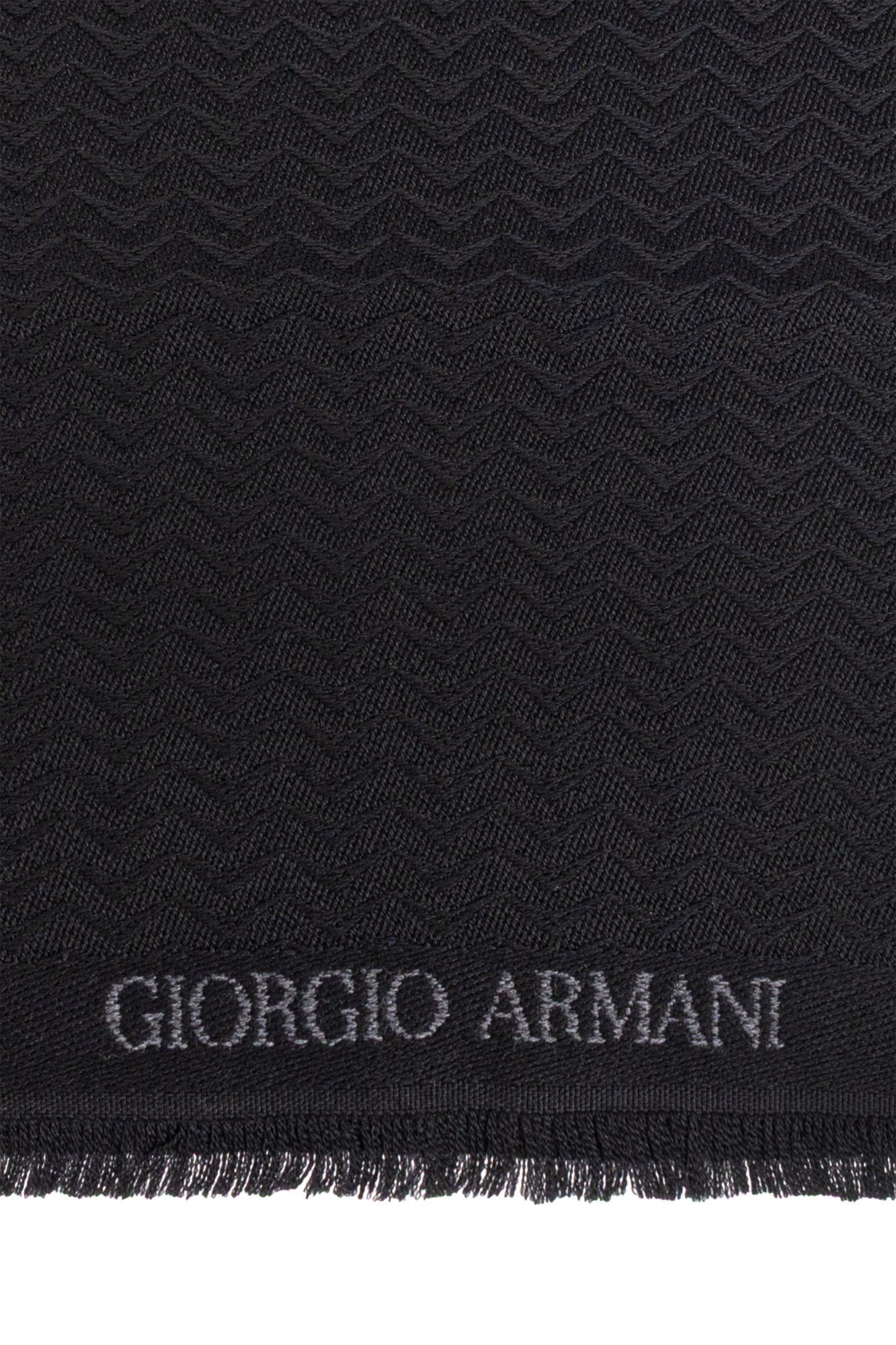 Giorgio Armani Herringbone Motif Black Scarf With Frayed Edges In Black