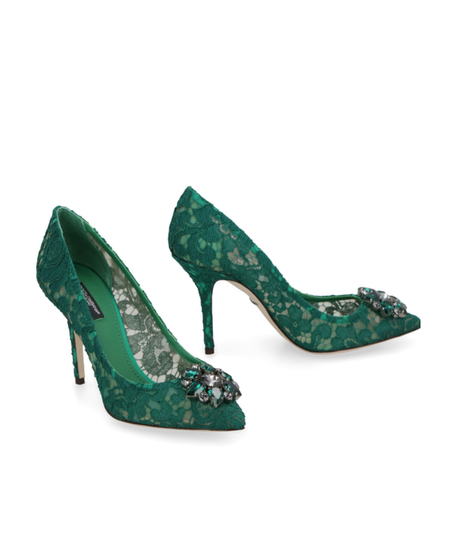 Dolce & Gabbana Lace Stiletto Heel Pumps Crystal Embellishments In Green