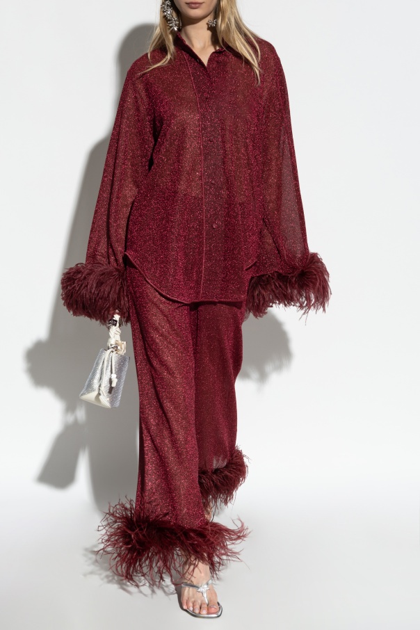 Shop Oseree Burgundy Shirt Finished With Ostrich Feathers