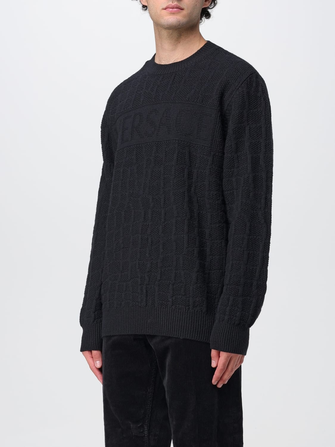 Versace Crocodile-pattern Cable-knit Jumper In Black