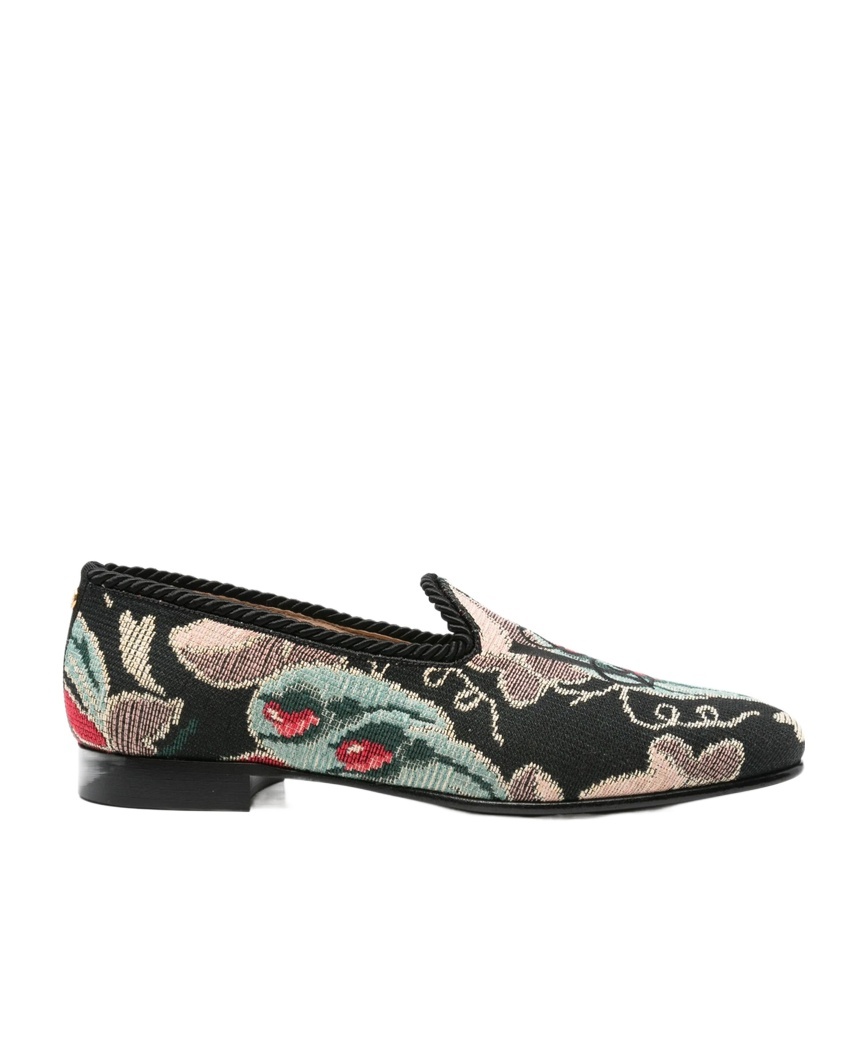Valentino Floral-patterned Rope-trimmed Loafers In Black