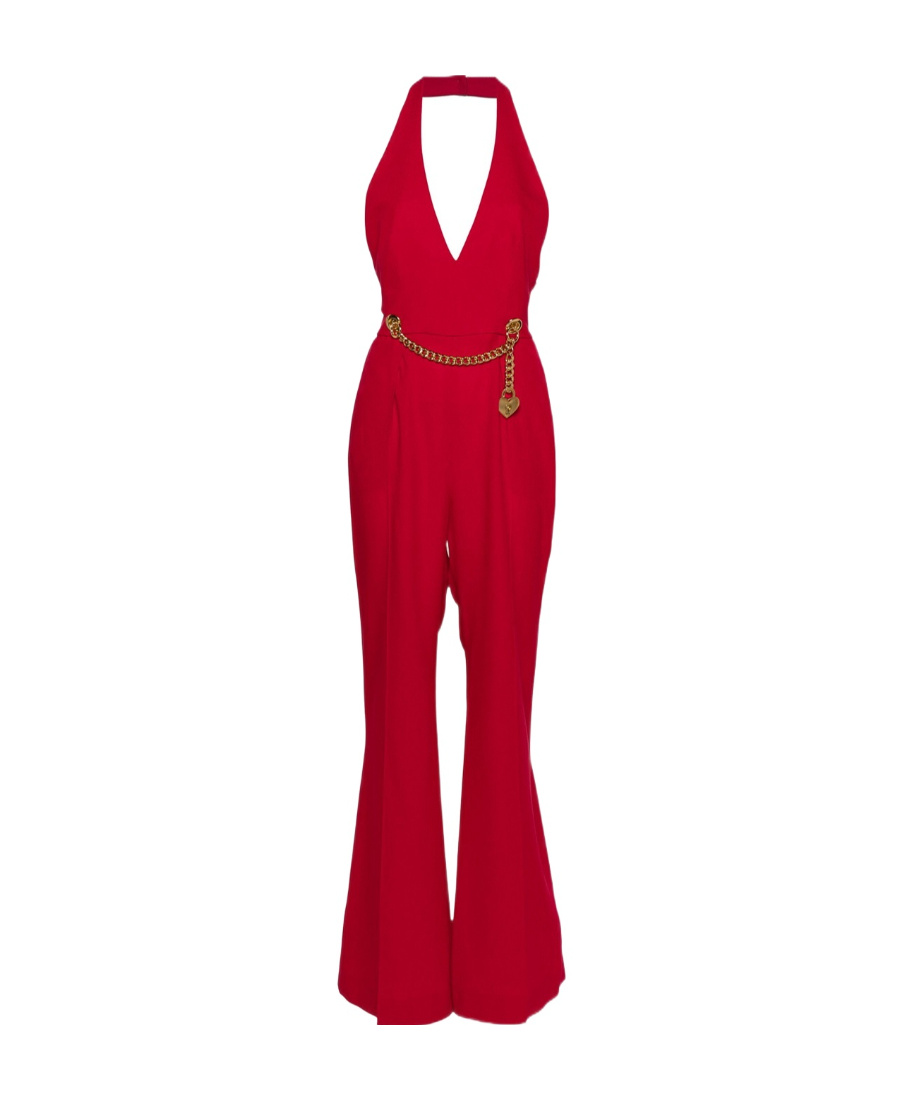 Moschino Jumpsuit With Halter Neck And Padlock Detail In Red