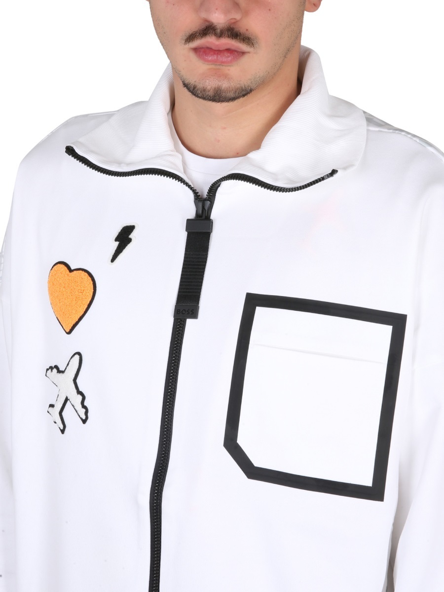 Shop Hugo Boss Boss Patch Embellished Relaxed Fit Sweatshirt In White