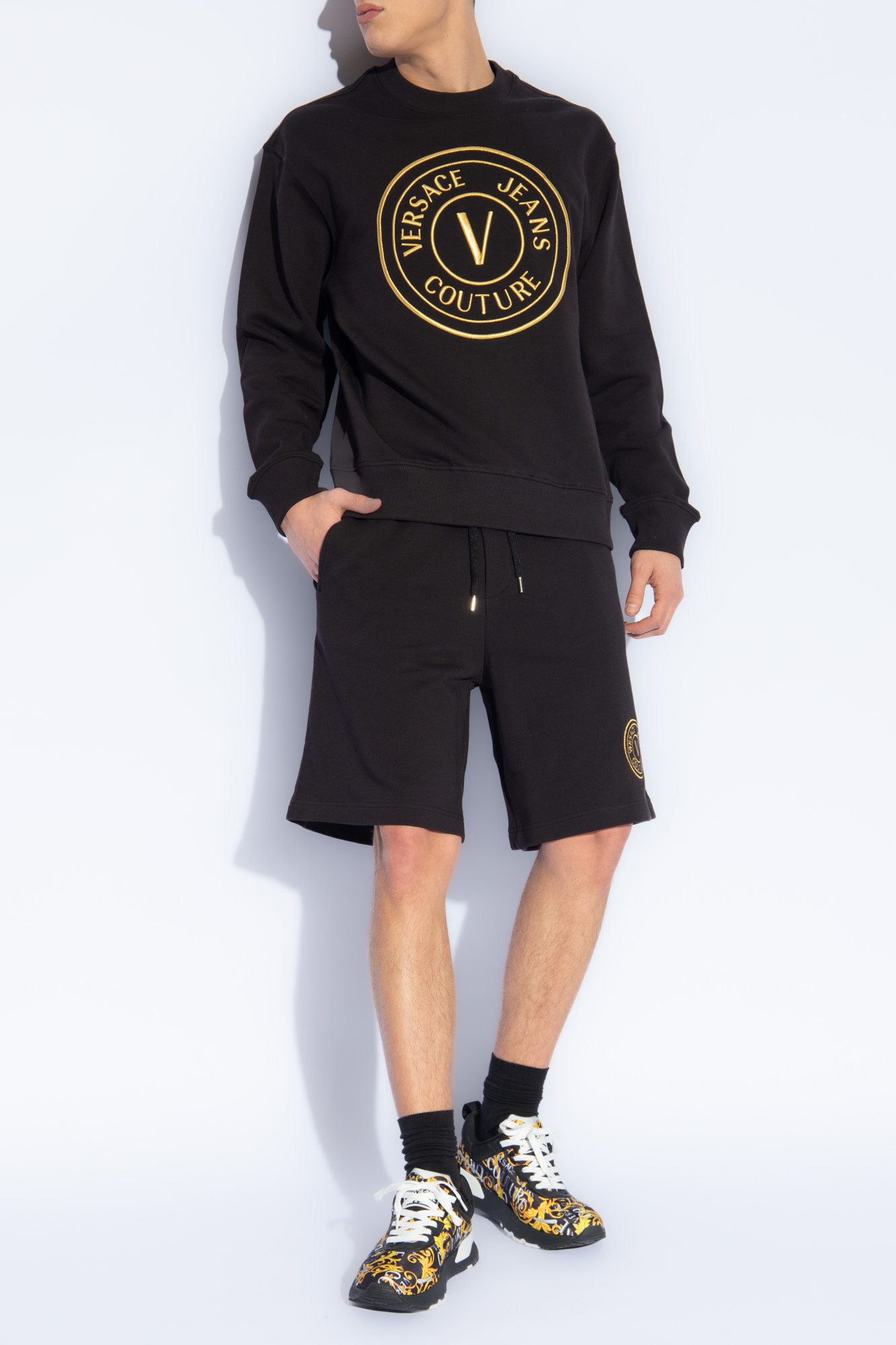 Versace Jeans Logo-embroidered Cotton Shorts In Black