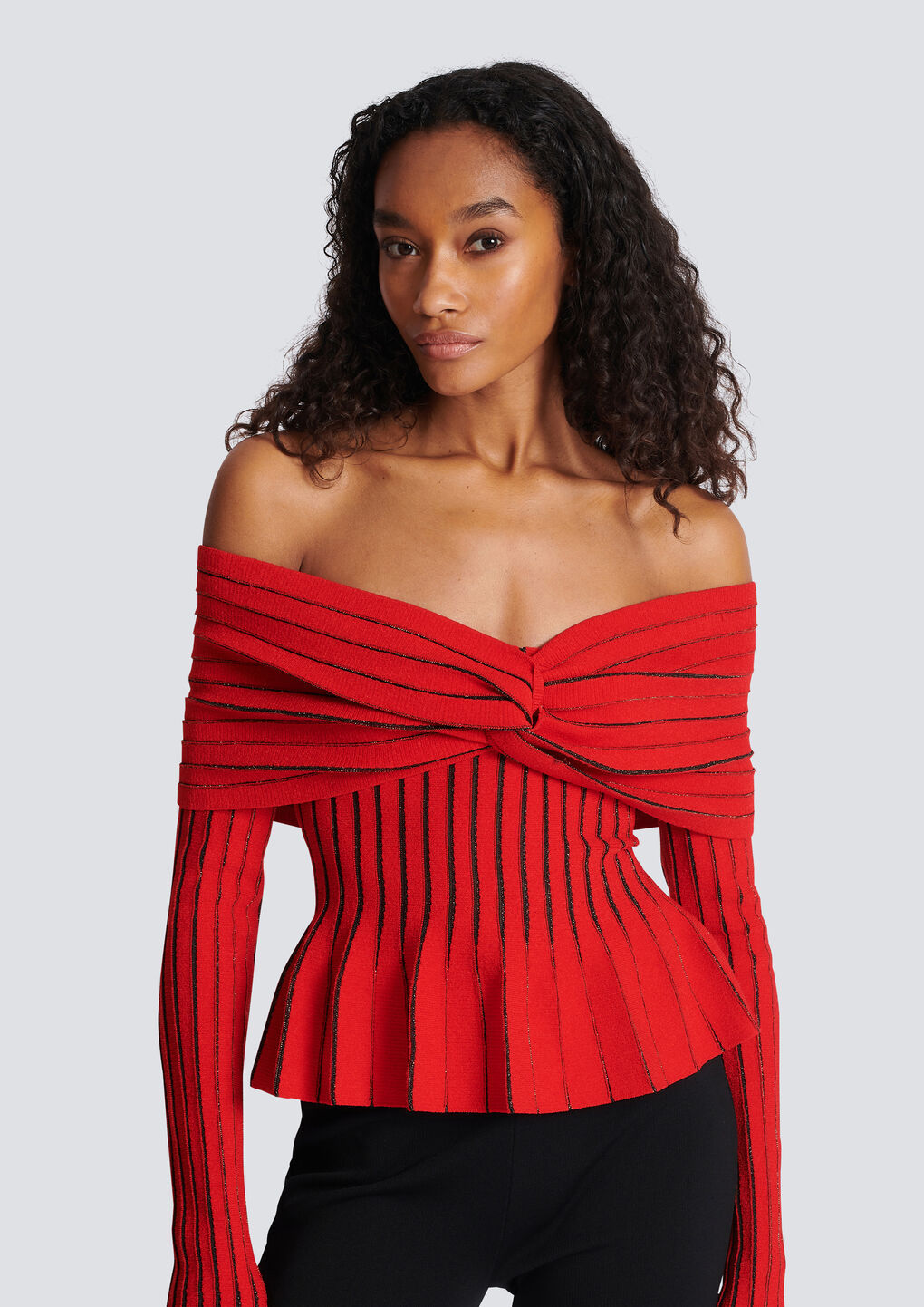 Balmain Off-shoulder Knit Top With Knotted Detail In Red