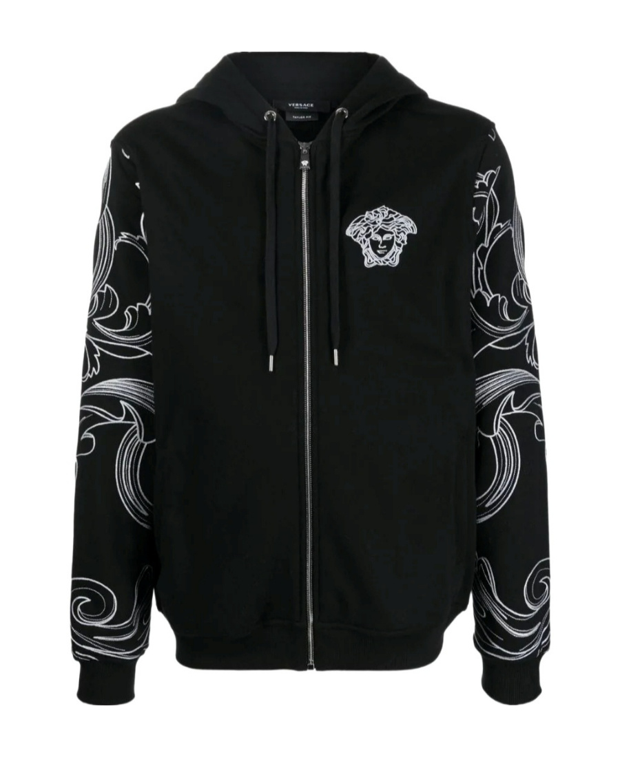 Versace Barocco Logo Embroidered Hooded Casual Jacket In Black