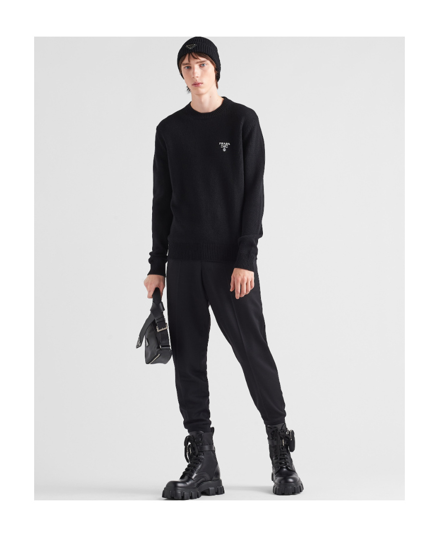Prada Logo Embroidered Crewneck Knit Sweater In Black