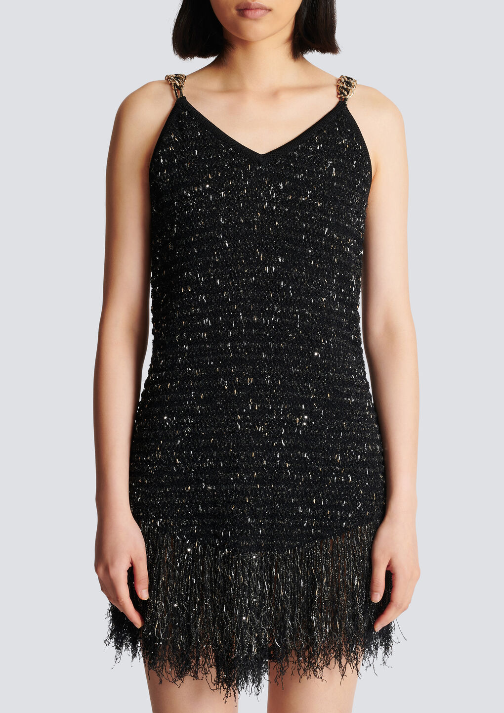Balmain Chain-embellished Fringed Sequined Bouclé-tweed Mini Dress In Black