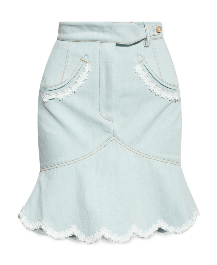 Casablanca Floral-embroidered Denim Peplum Skirt In White