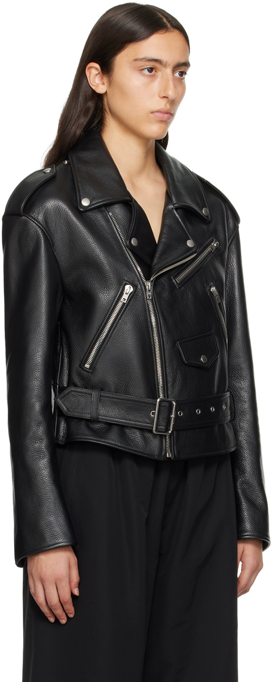 We11 Done Oblique Zipper Leather Jacket In Black