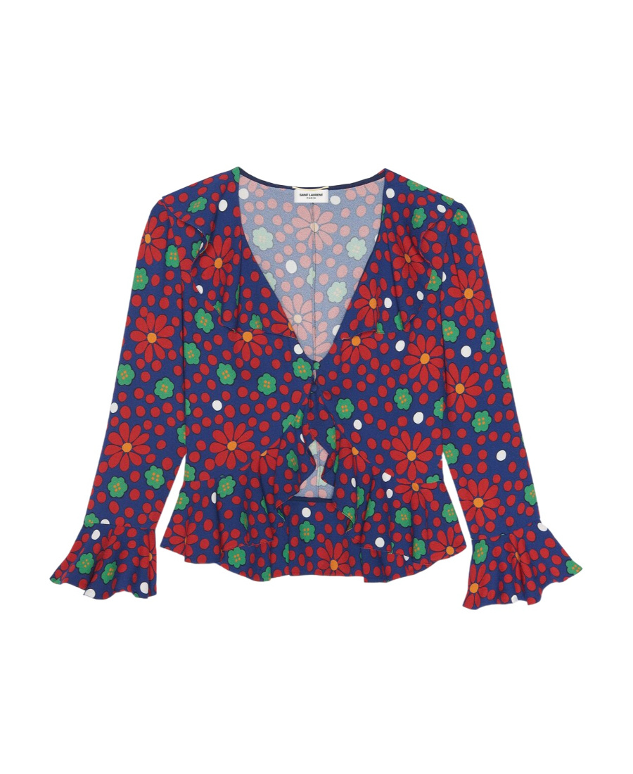 Saint Laurent Floral-print Ruffle Crop Top In Multicolor