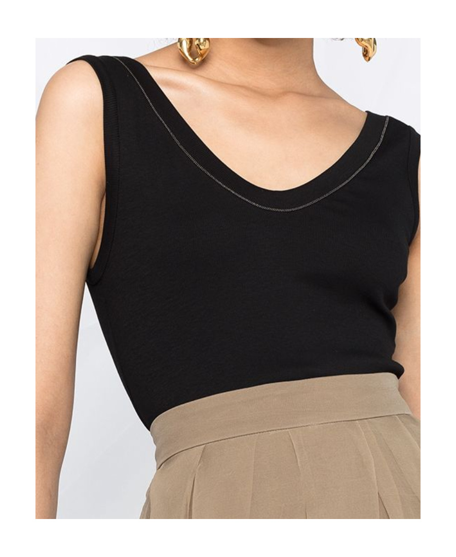 Brunello Cucinelli Black Cotton Tank Top With Monile Insert In Black