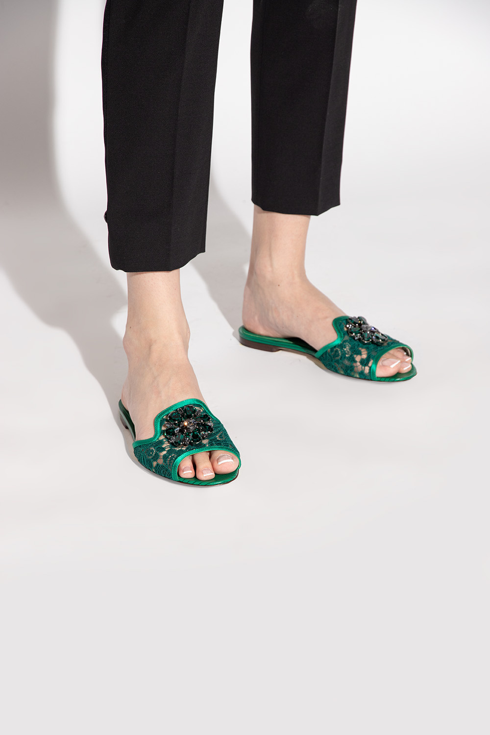 Shop Dolce & Gabbana Bianca Crystal-embellished Lace Sandals In Green