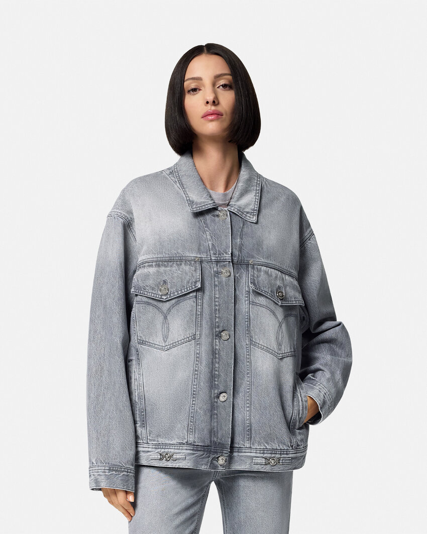 Versace Gray Oversized Denim Jacket In Gray