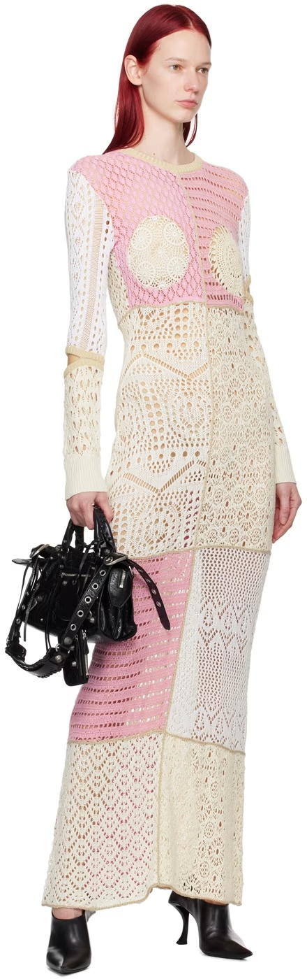Marine Serre Patchwork Regenerated Crochet Maxi Dress In White