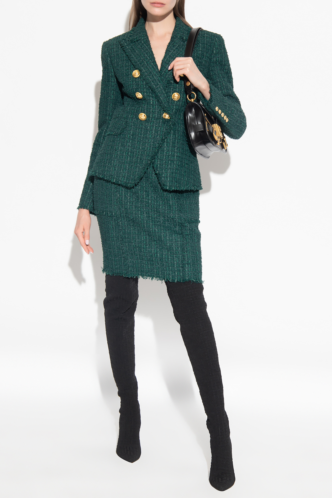 Balmain Tweed Double-breasted Pencil Skirt In Green