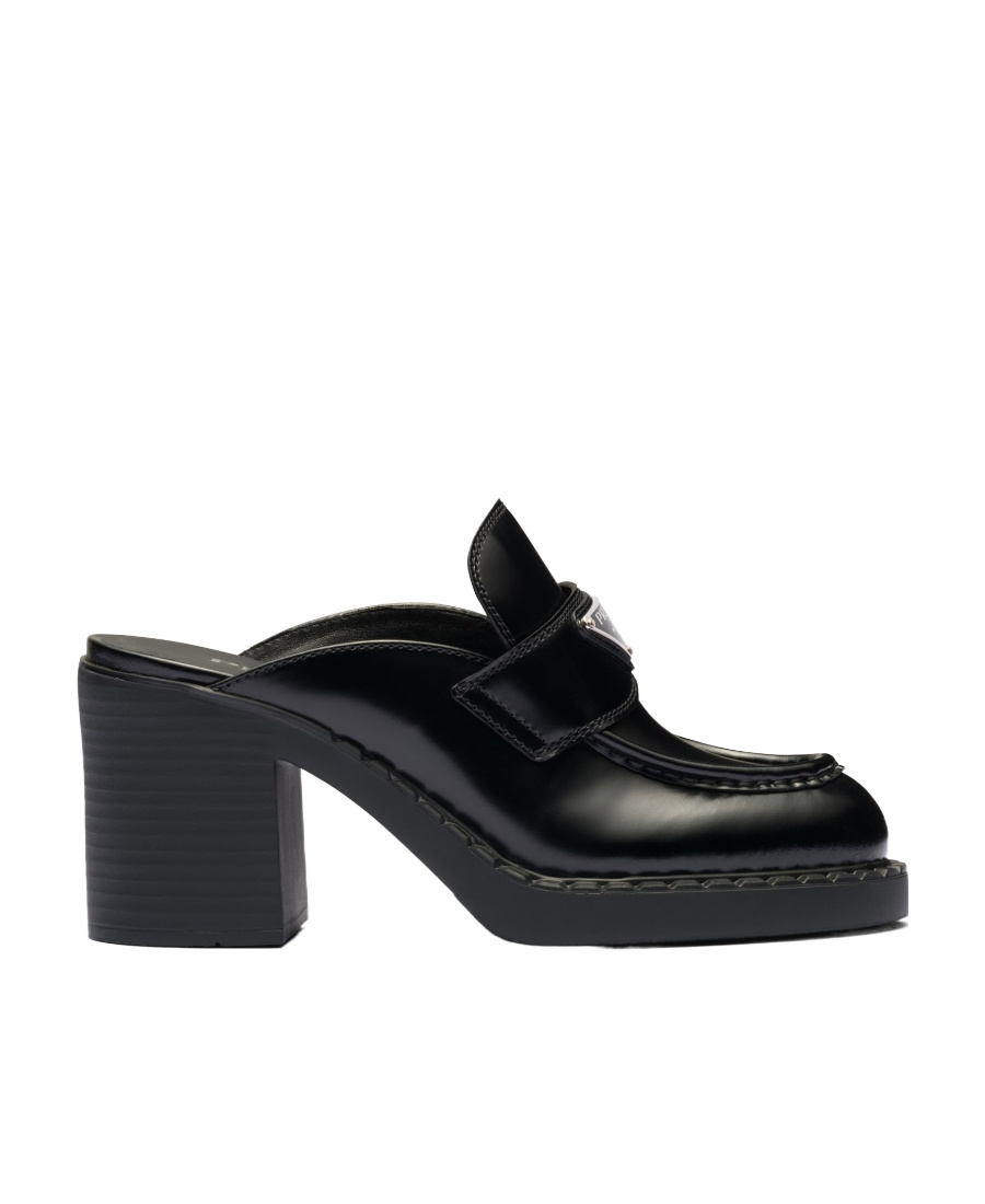Prada Chocolate Brushed Leather Muller High-heeled Sandals In Black