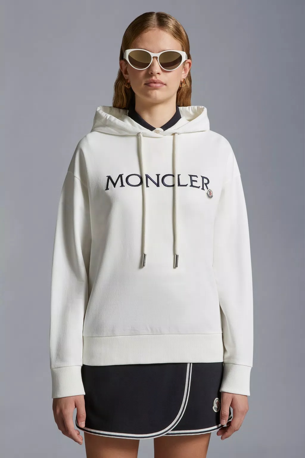 Moncler Logo-embroidered Drawstring Cotton Hoodie In White