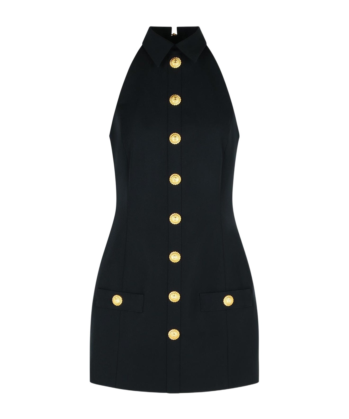 Balmain Black Dress With Pointed Collar And Logo Buttons On The Front In Wool Woman