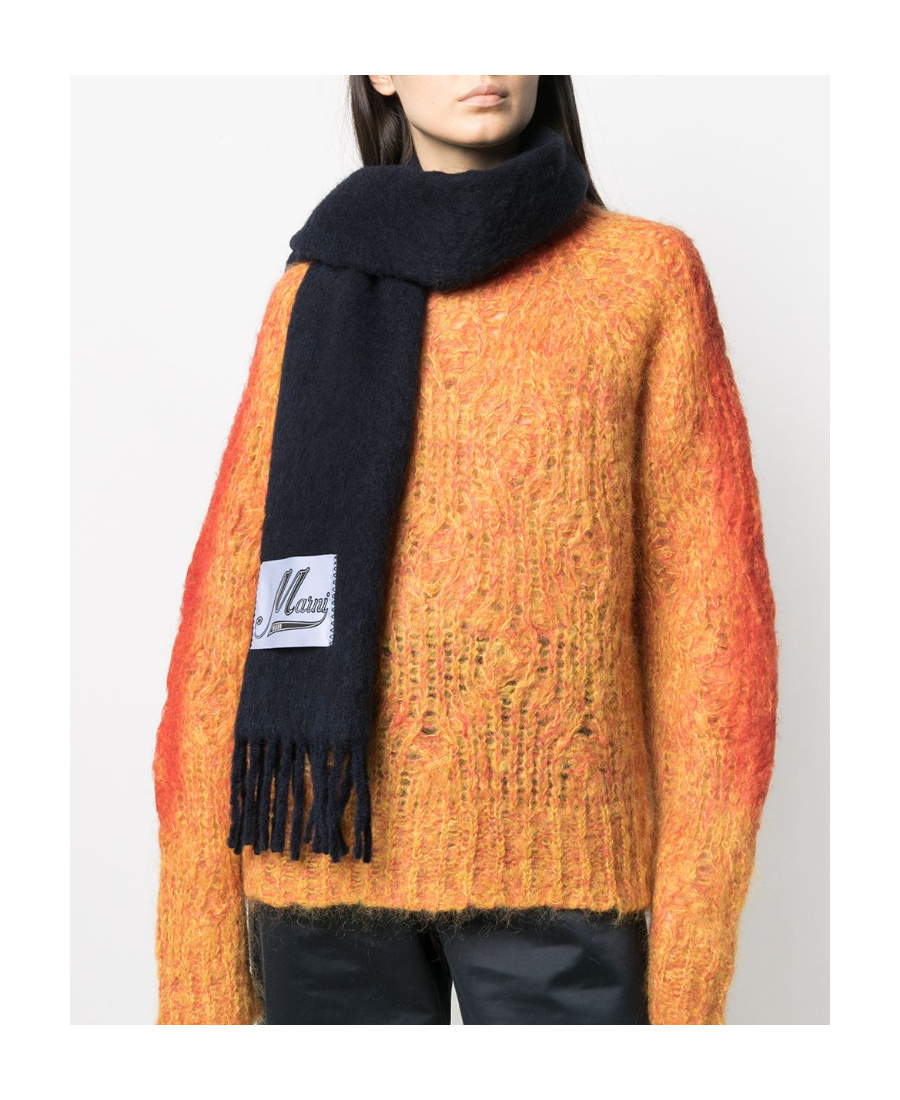 Marni Long Fringed Alpaca And Polyamide Scarf With Rectangular Patch In Black