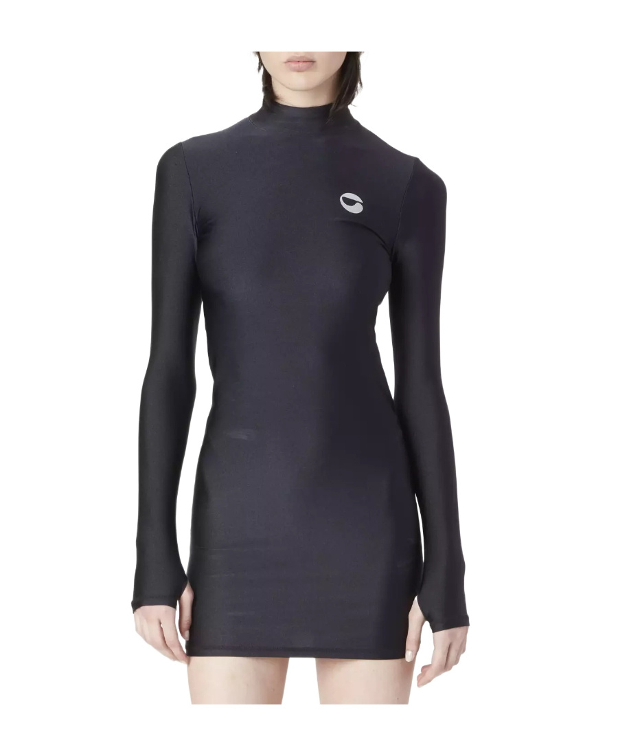 Coperni Denim Asymmetrical Flower Mini Dress In Black