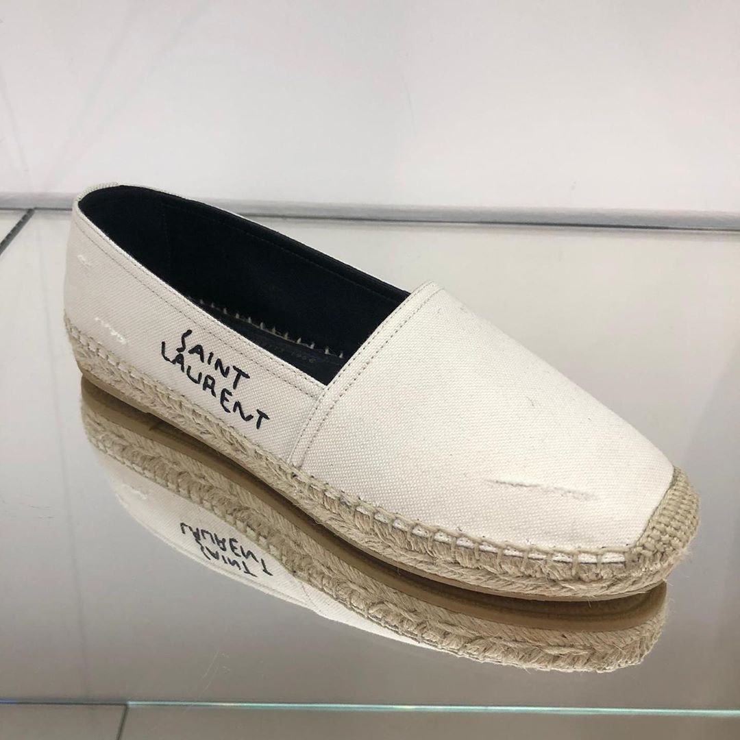 Saint Laurent Logo Embroidery Straw Shoes In White