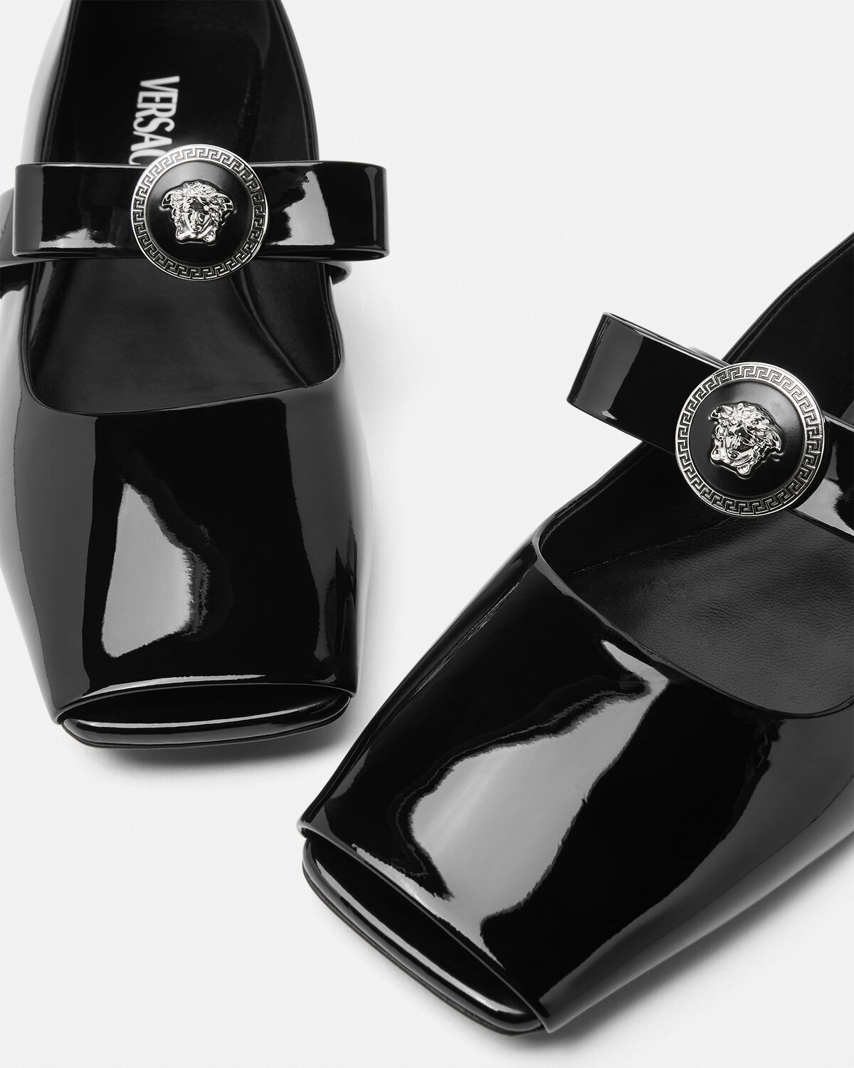 Versace Open-toe Ballet Flats In Gianni Ribbon In Black