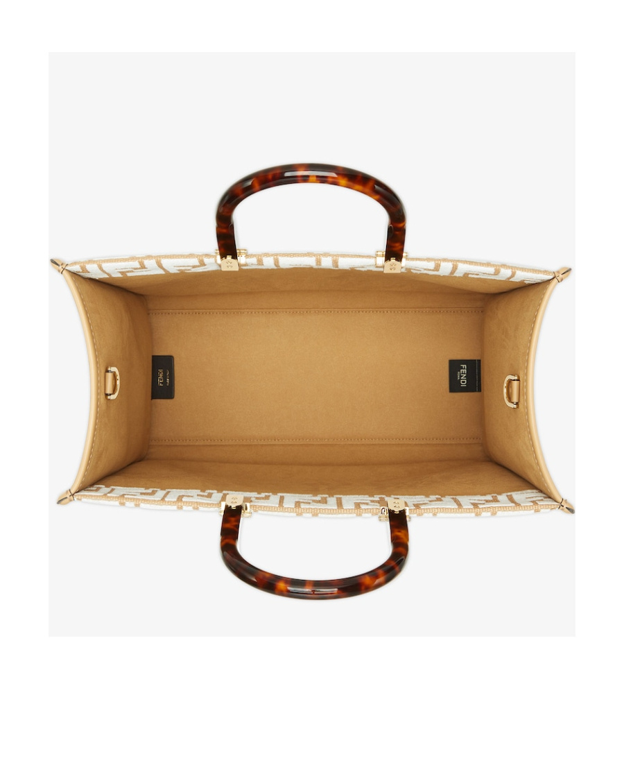 Fendi Raffia Shopper Bag With White Tapestry Fabric Ff Motif In Nude