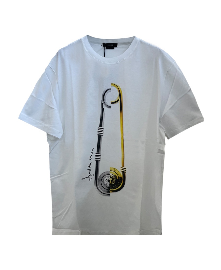 Versace Safety Pin Logo-print T-shirt In Gray