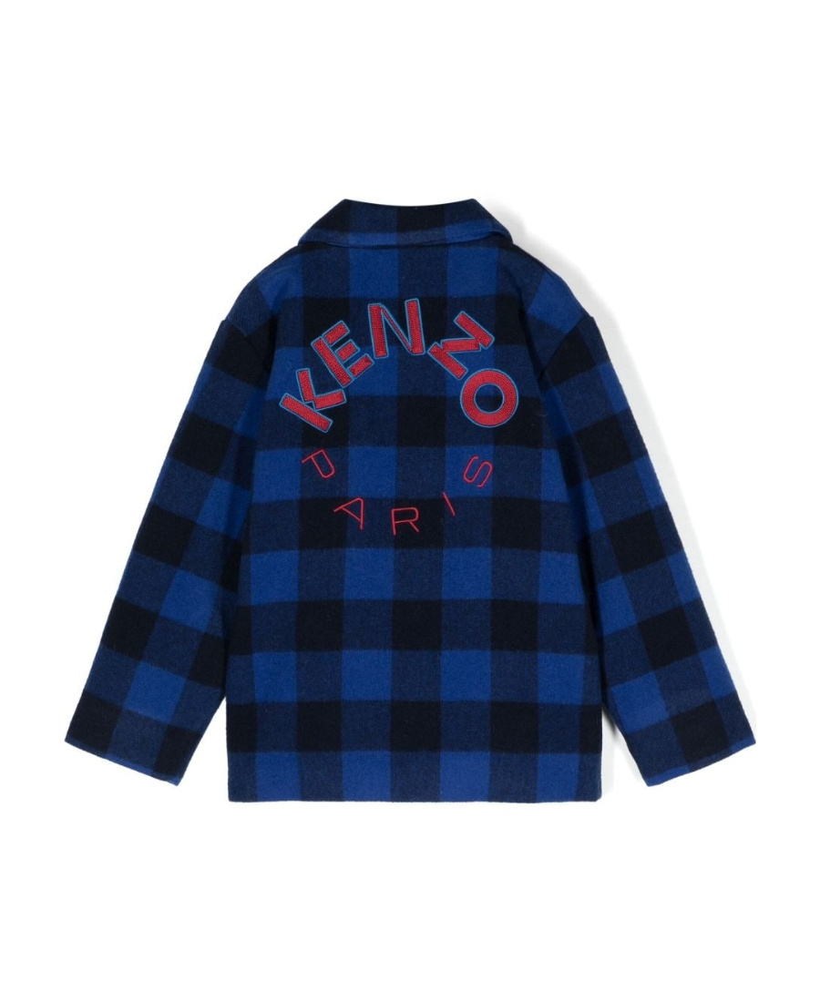 Kenzo Logo-embroidered Checked Wool Jacket In Blue