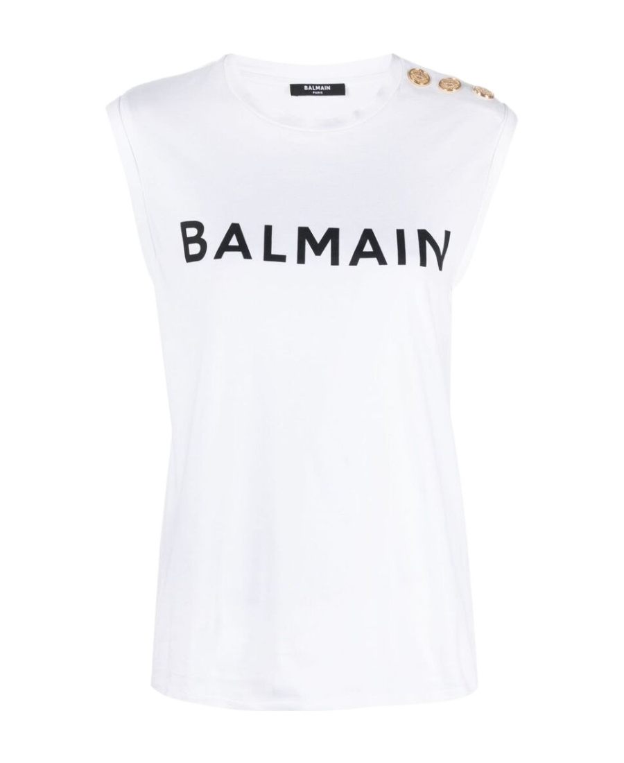 Balmain Button-detail Logo-print Tank Top In White