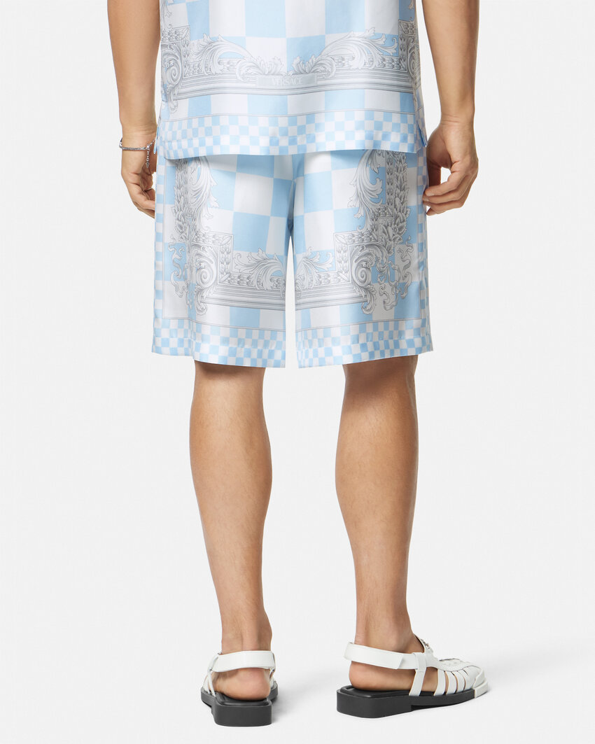 Versace Blue Barocco Checkerboard-print Shorts In White
