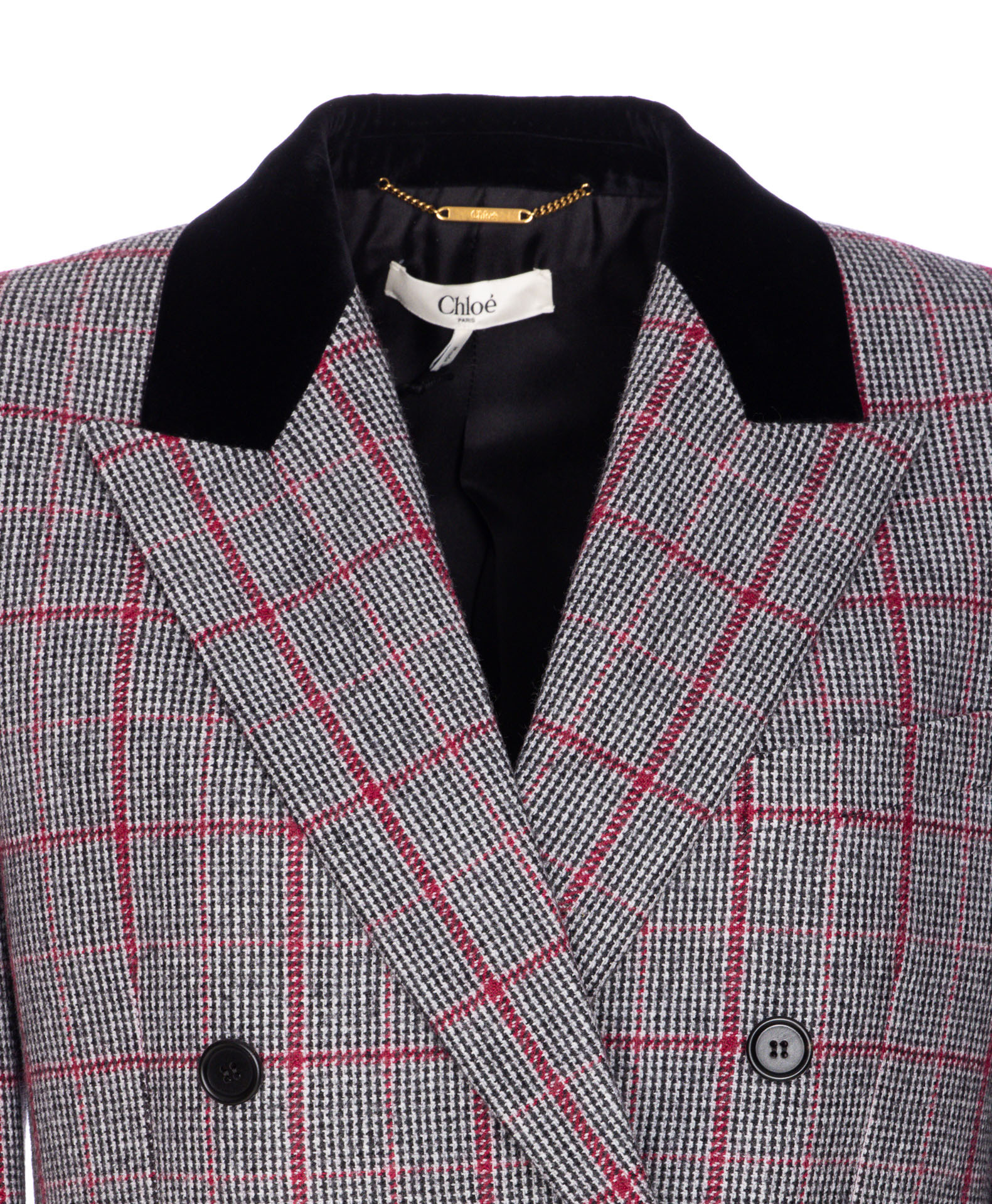 Chloé Double-breasted Velvet-trimmed Checked Wool Blazer In Gray