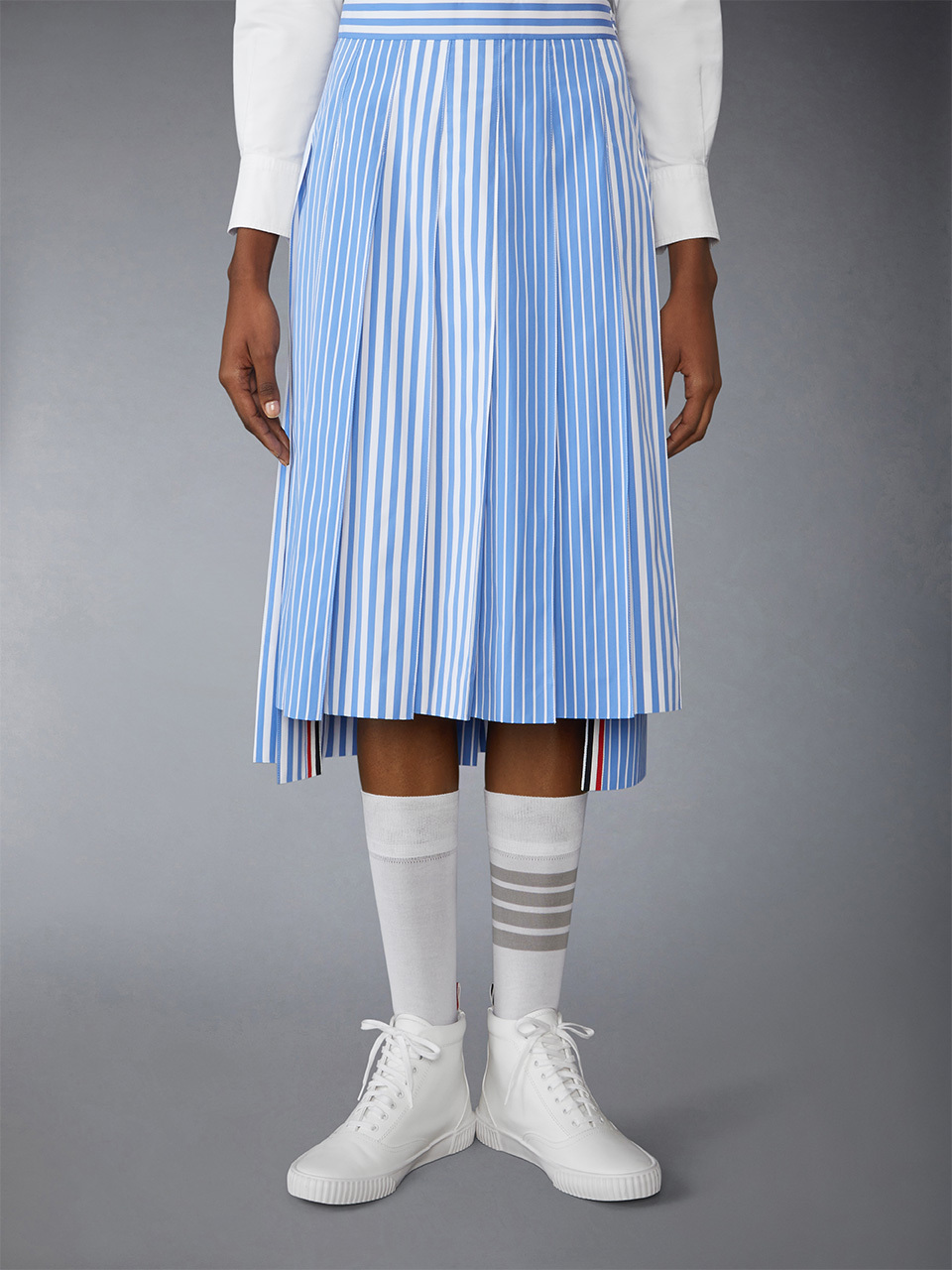 Thom Browne Pleated Striped Midi Skirt In Blue
