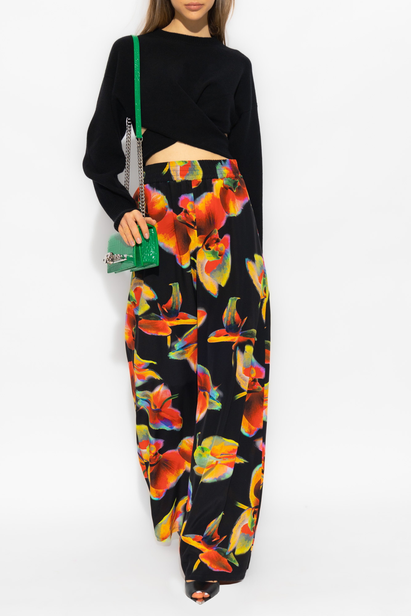 Alexander Mcqueen Floral-print Wide-leg Silk Trousers In Black