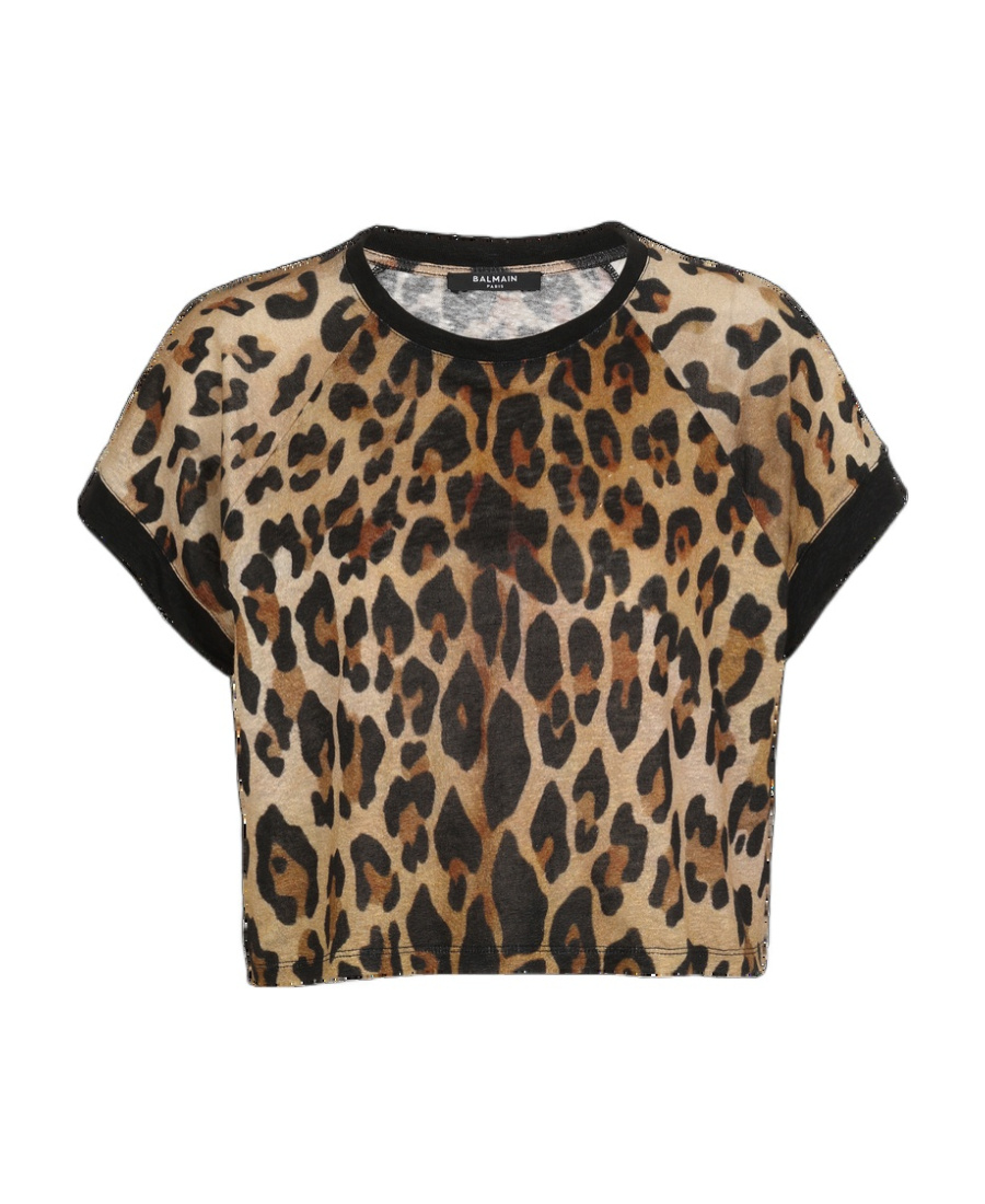 Balmain Leopard-print Cropped T-shirt In Black