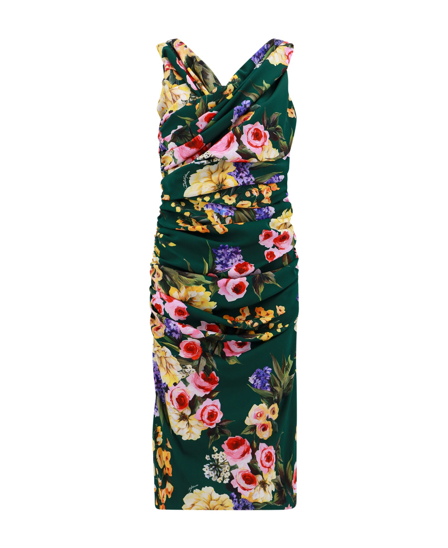Dolce & Gabbana St. Giardino Floral-print Sleeveless Draped Charmeuse Midi Dress In Green