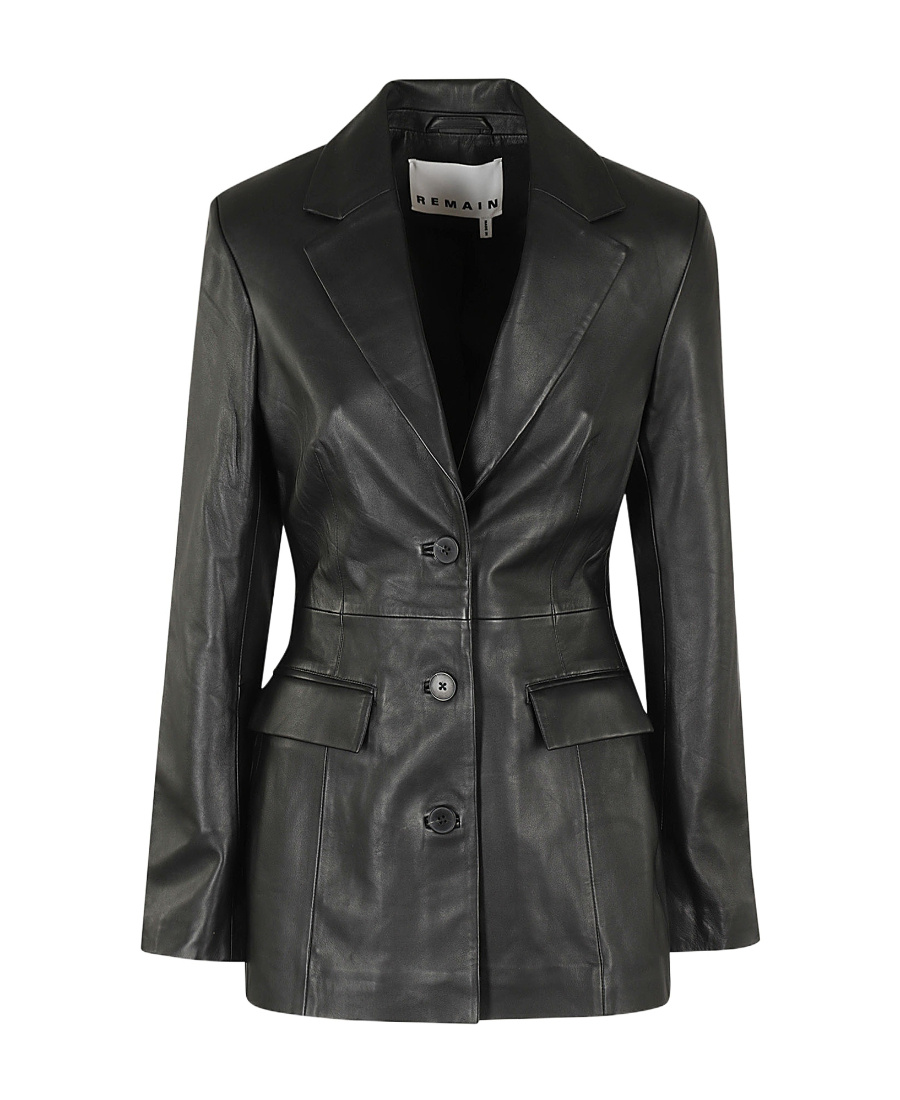 Remain Birger Christensen Single-breasted Long-sleeved Leather Jacket In Black