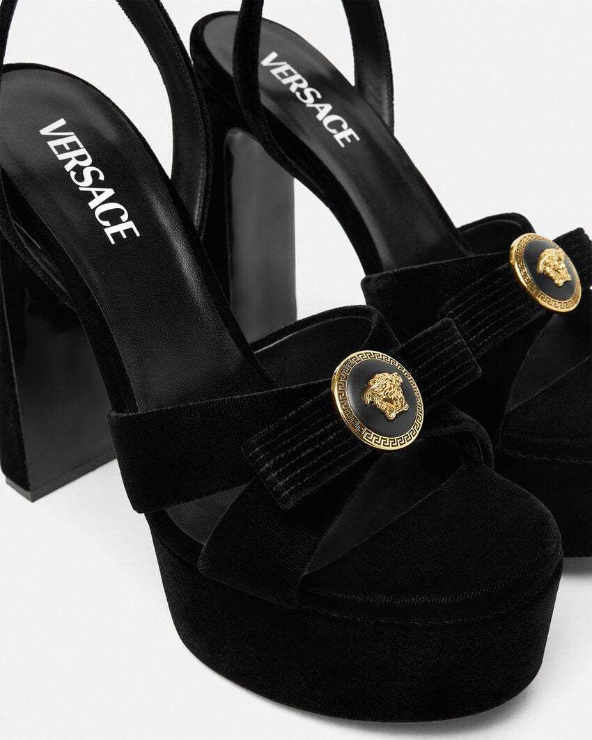Shop Versace 140mm Gianni Ribbon Velvet Sandals In Black