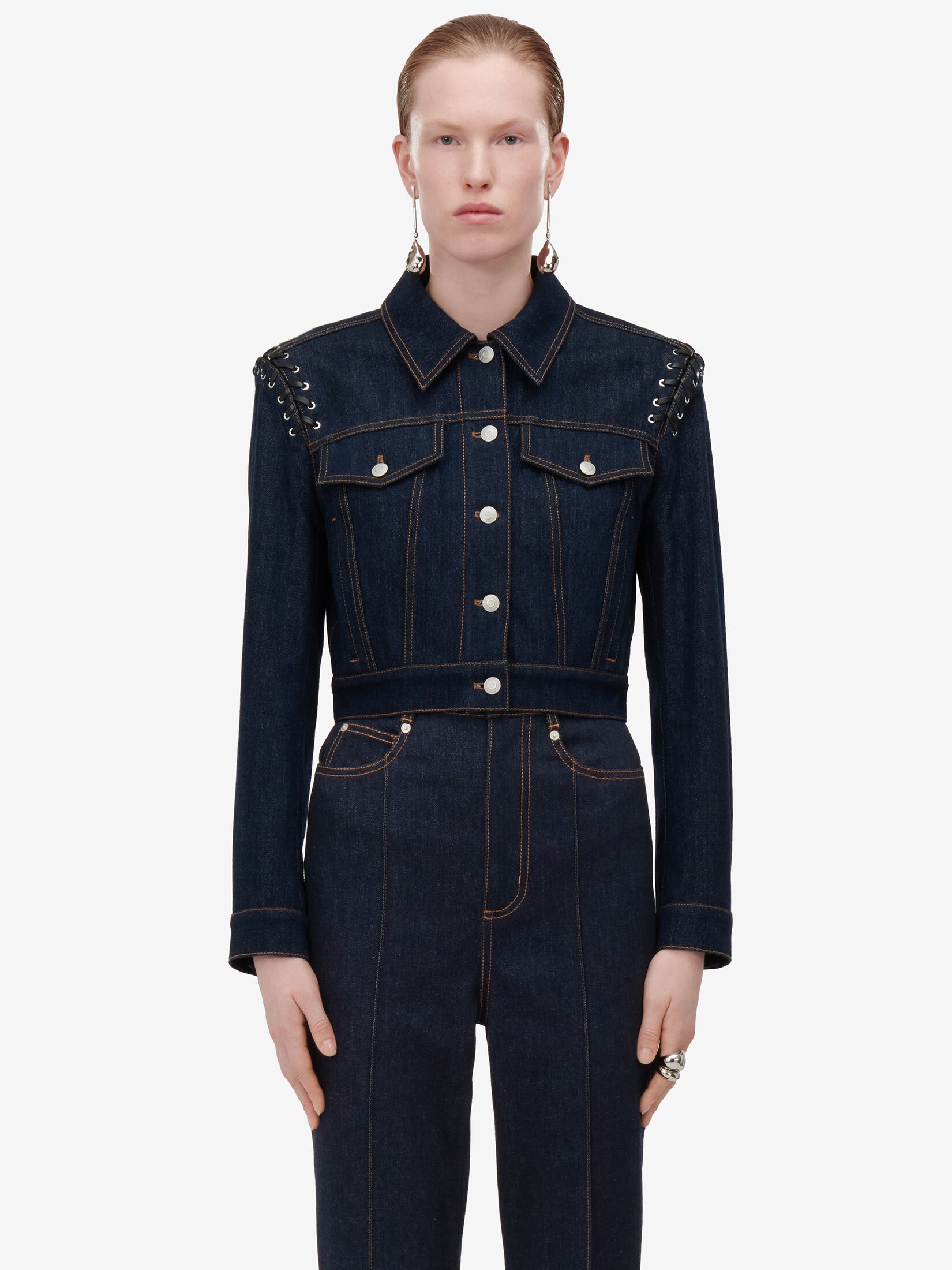 ALEXANDER MCQUEEN LACE-UP CROPPED DENIM JACKET