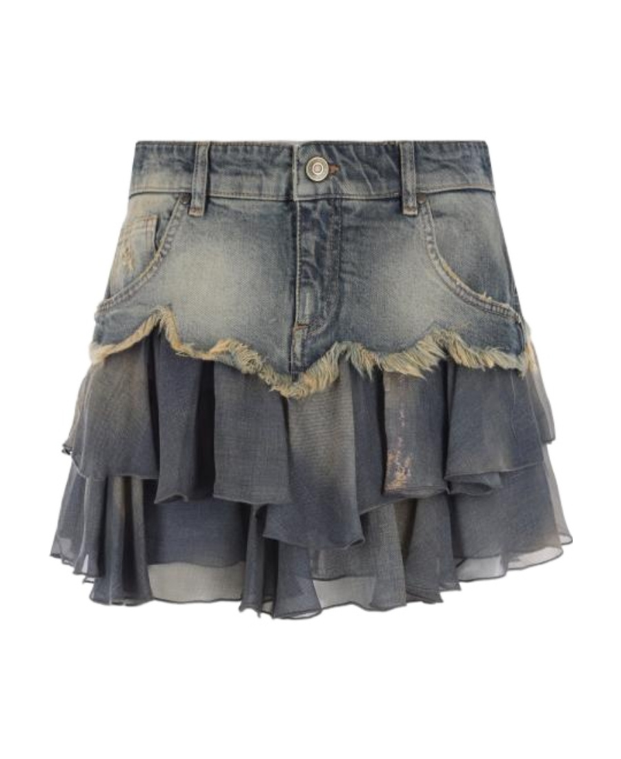 Blumarine Ruffled-hem Distressed Denim Skirt In Black