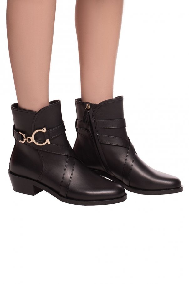 Ferragamo Logo Buckle Shady Leather Booties 4cm In Black