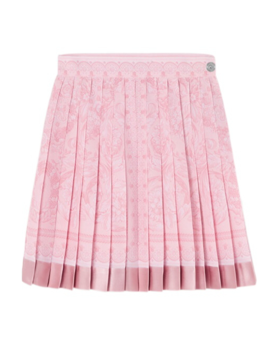 Versace Pleated Satin-trimmed Floral-print Crepe De Chine Mini Skirt In Pink