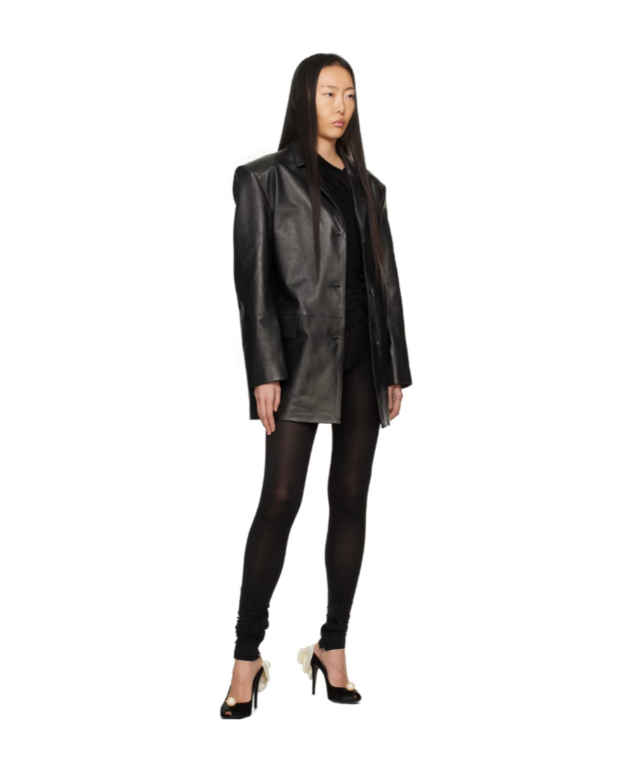 Magda Butrym Leather Blazer With Waist Belt And Notched Lapels In Black