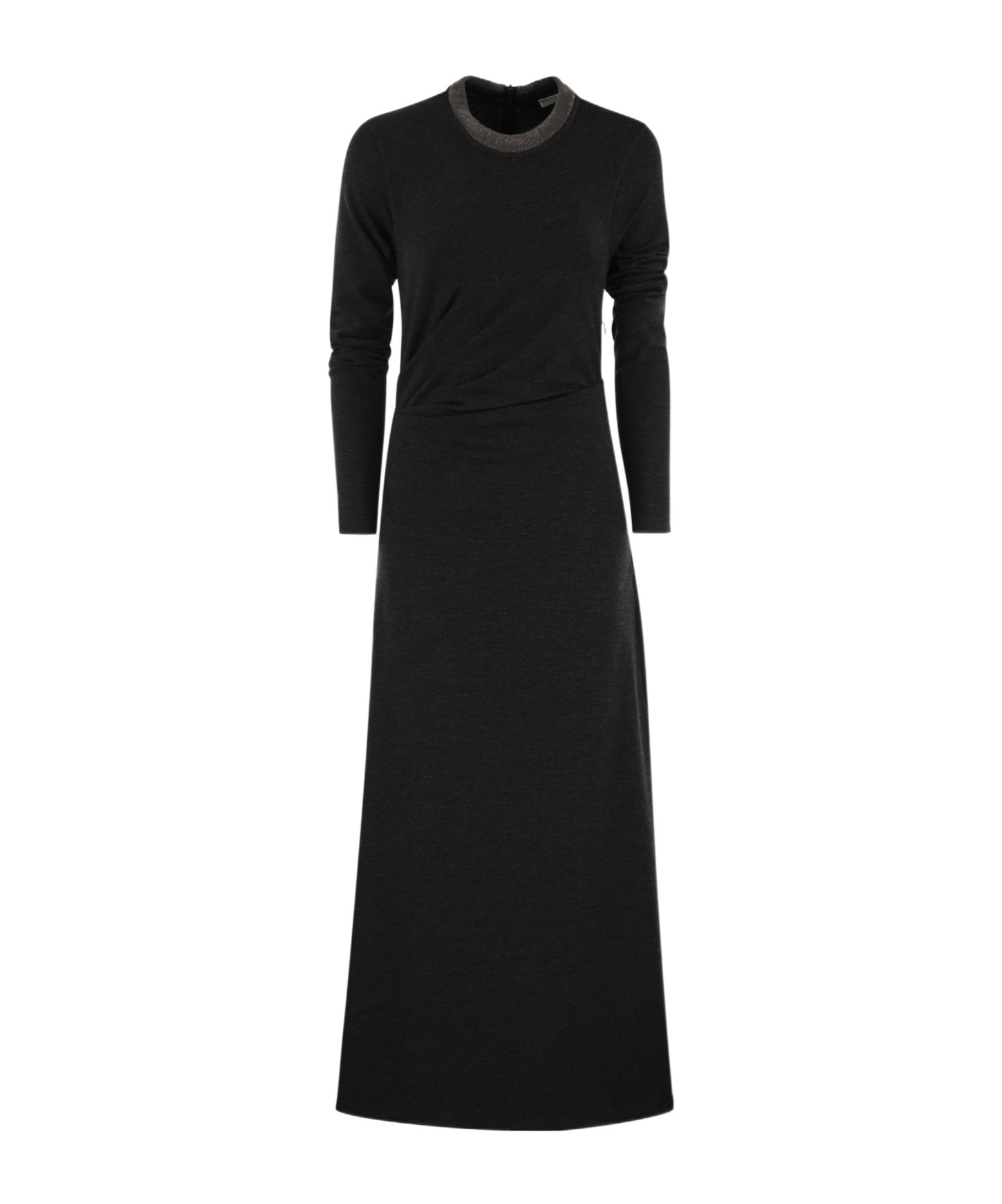 Brunello Cucinelli Elegant Wool Midi Dress With Monili Detail In Black