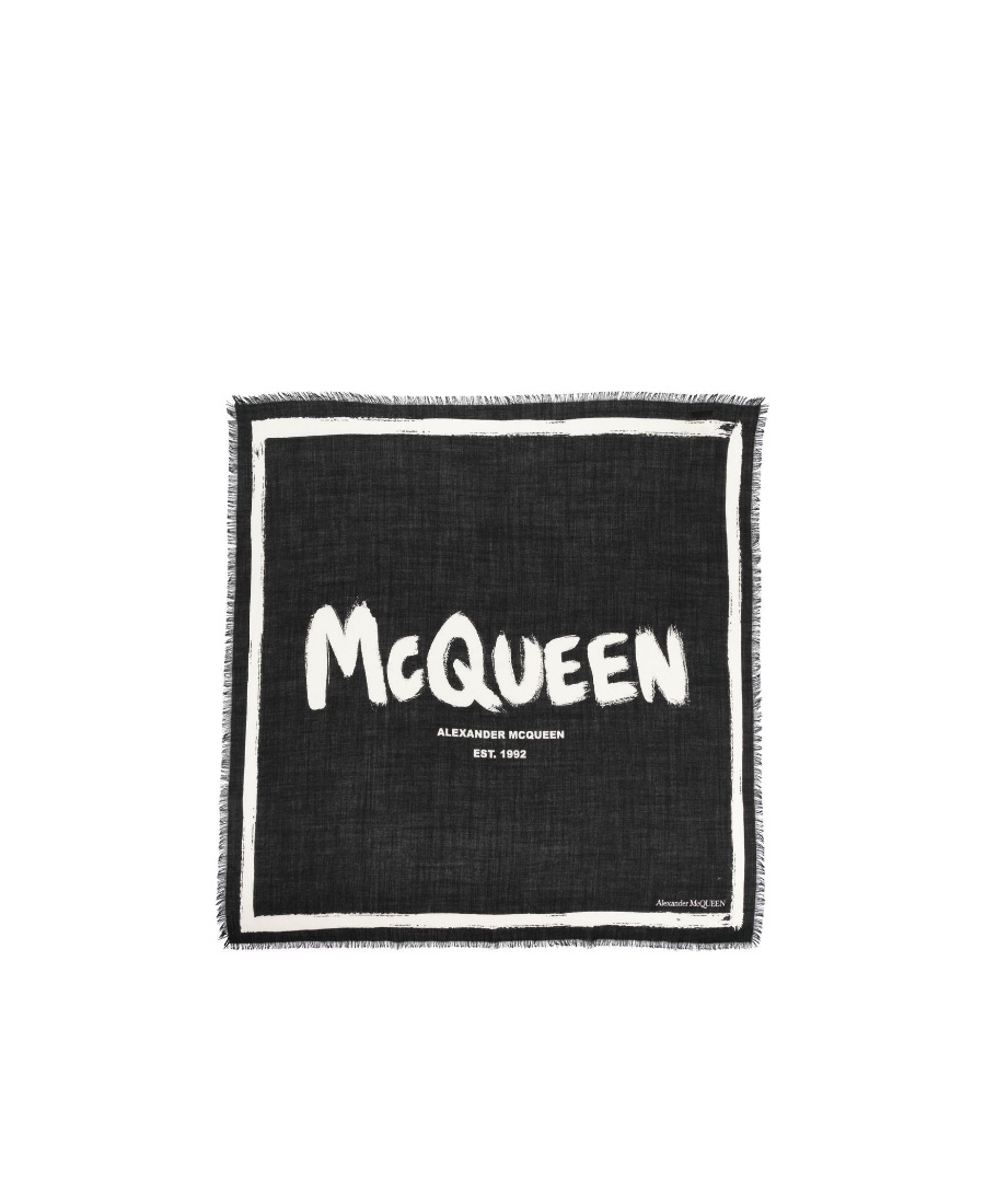 Alexander Mcqueen Logo Print Wool Scarf In Black