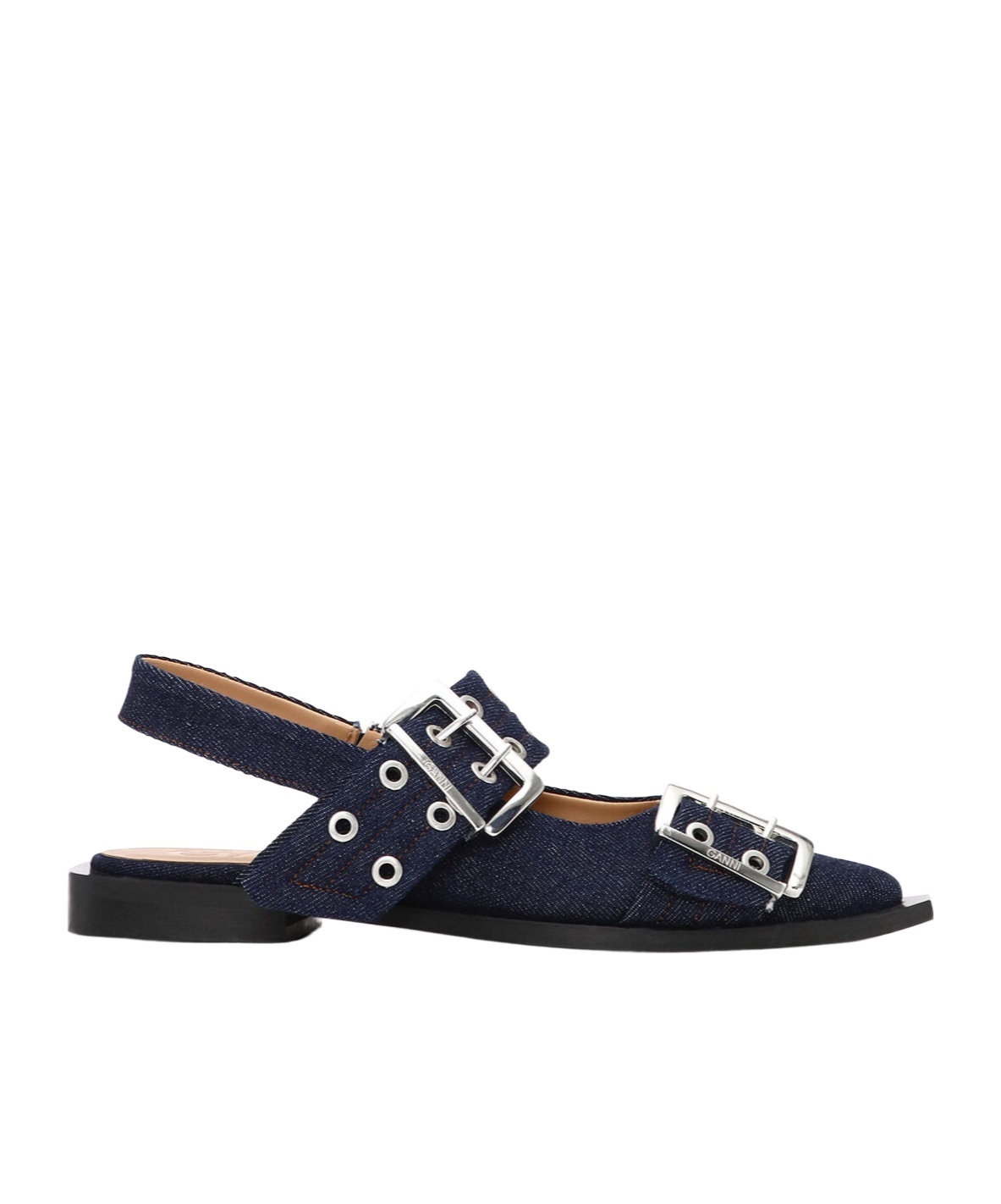 Shop Ganni Denim Feminine Buckle Ballerinas In Black