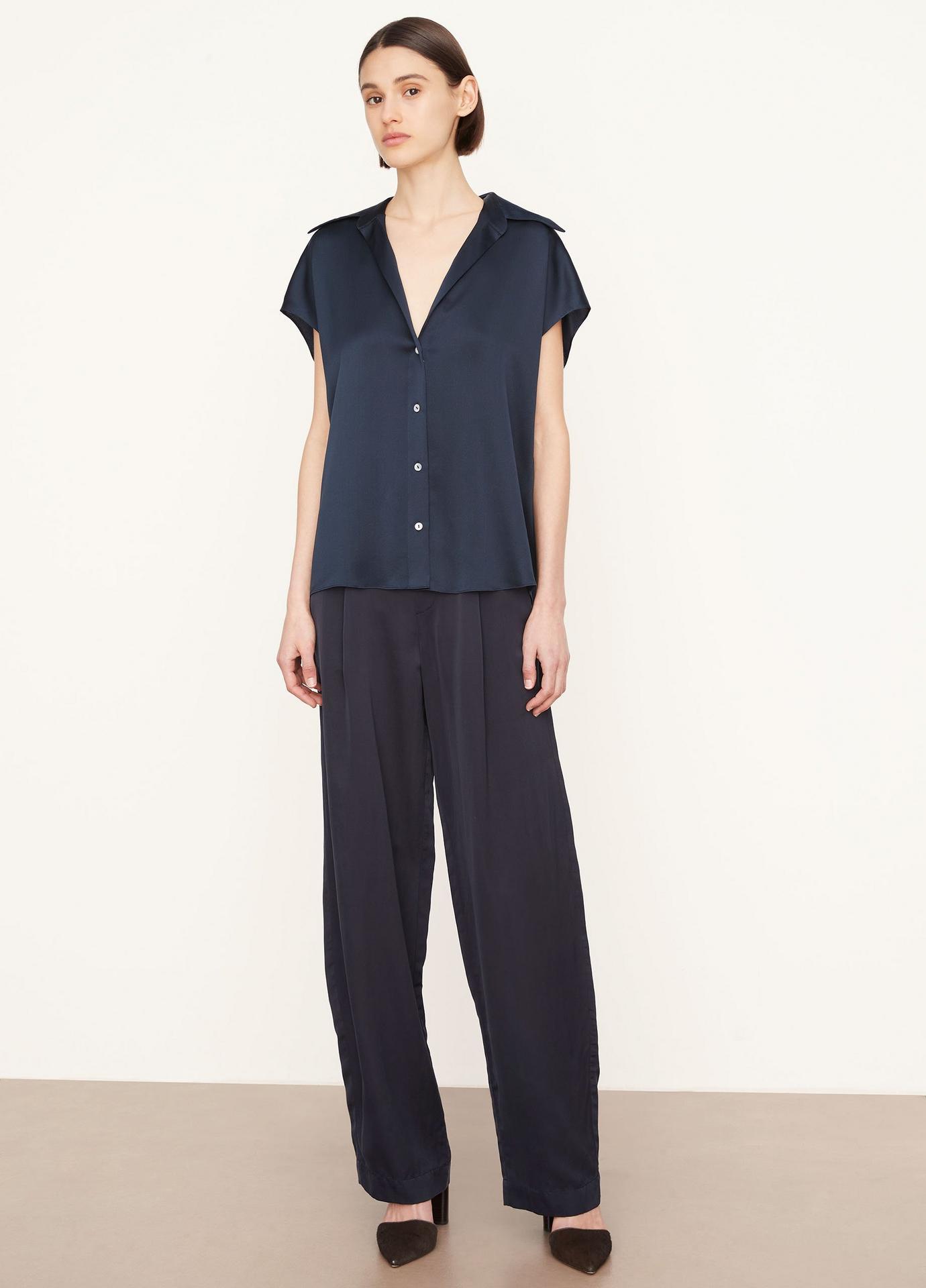 Vince Cap-sleeve Linen Button-front Blouse In Coastal Blue