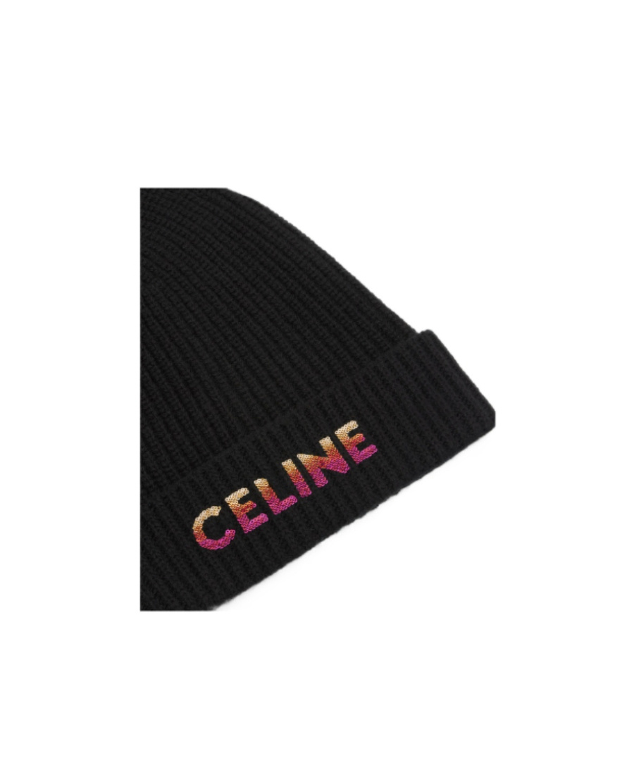 Celine Rib Embroidered Wool Hat In Black