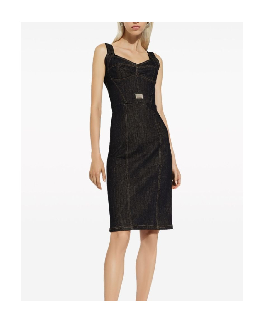 Dolce & Gabbana Logo-plaque Midi Denim Dress In Black